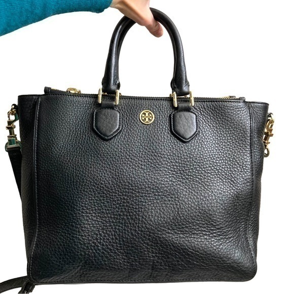 Tory Burch black pebbled leather double zipper bag with strap